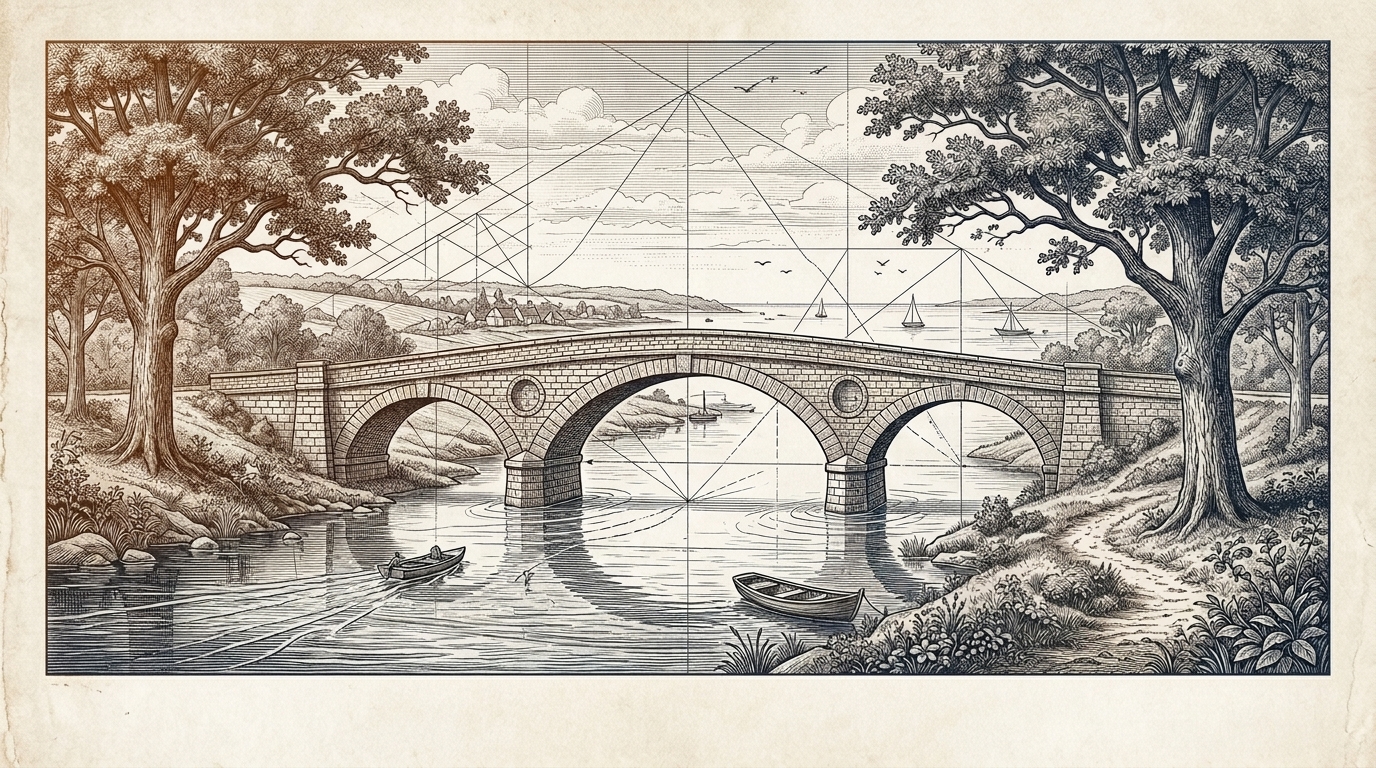 Architectural engraving of a stone arch bridge flanked by white oak trees with geometric engineering survey lines