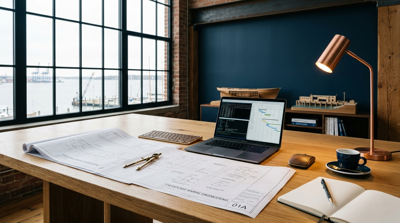 Sunlit engineering and program management workspace with architectural workflow blueprints and laptop